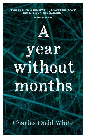 A Year without Months cover: white lettering on a blurred green tinted photo of sticks in a pile as the background
