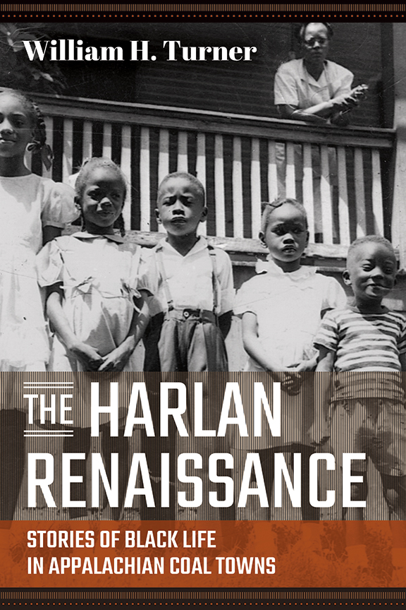 he Harlan Renaissance, black and white photo of five Black children arranged in heigh order in front of a front porch where a Black woman stands behind the railing